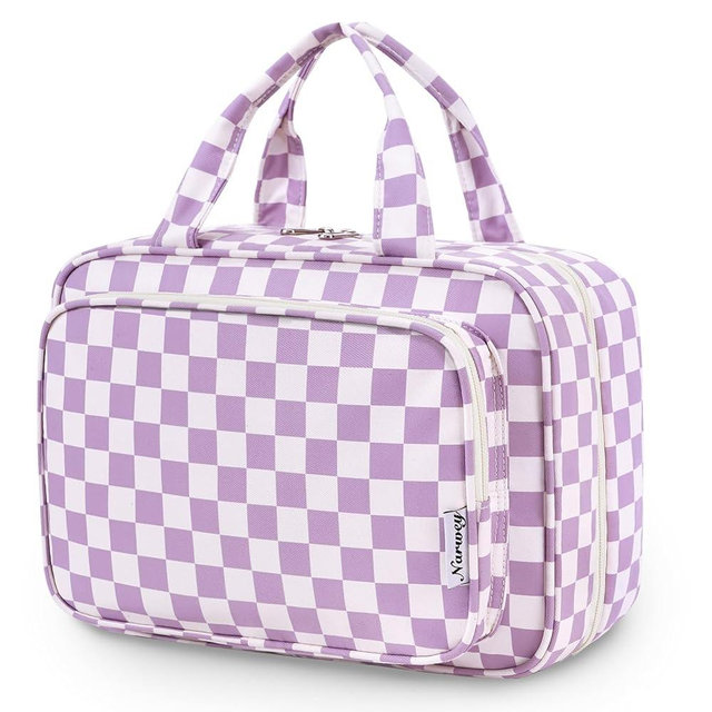 Narwey Travel Toiletry Bag for Women Large Hanging Makeup Bag Organizer Toiletries Bag for Full Size Essentials Accessories Cosmetics (Purple Checkerboard (Large))