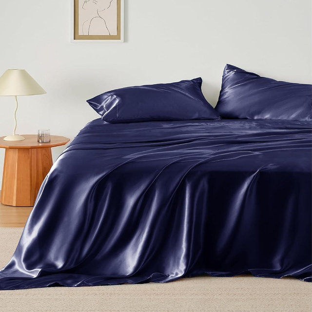 SKS Linen 100% Mulberry Silk Sheet Set - 22 Momme Grade 6A, 21 Inch Deep Pocket, Indulgent Sheets for Dreamlike Comfort,Queen-Navy Blue
