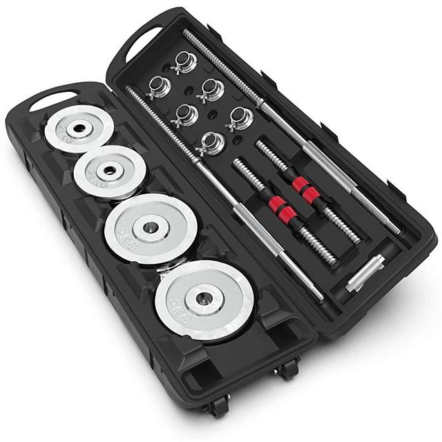 Synergee Adjustable Dumbbells & Barbell Set 50kg. Adjustable Dumbbells and Barbell for Weight Training. Includes Storage Case with Wheels
