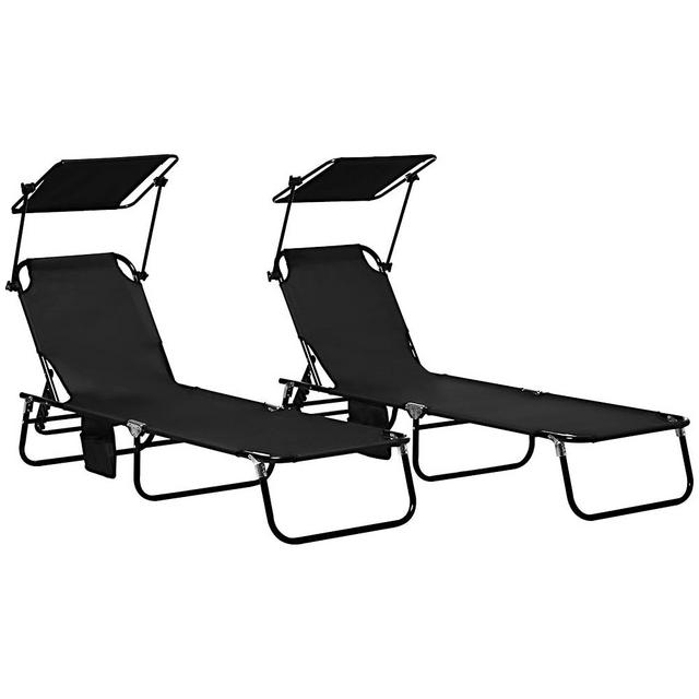 Outsunny Folding Chaise Lounge Pool Lounge Chairs Set of 2, Outdoor Sun Tanning Chairs with Canopy Shade, Reclining Back, Steel Frame and Side Pocket for Beach, Yard, Patio, Black