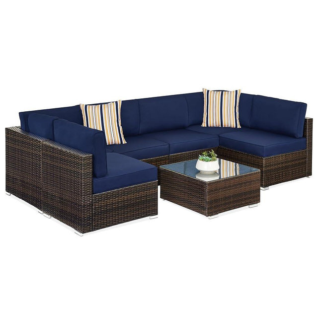 Best Choice Products 7-Piece Modular Outdoor Sectional Wicker Patio Conversation Set w/ 2 Pillows, Coffee Table, Cover Included - Brown/Navy