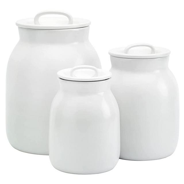 Denmark Tools for Cooks White Smooth Satin Finished Stoneware Ceramic Curved Kitchen Pantry, 3 Piece Milk Jug Canisters