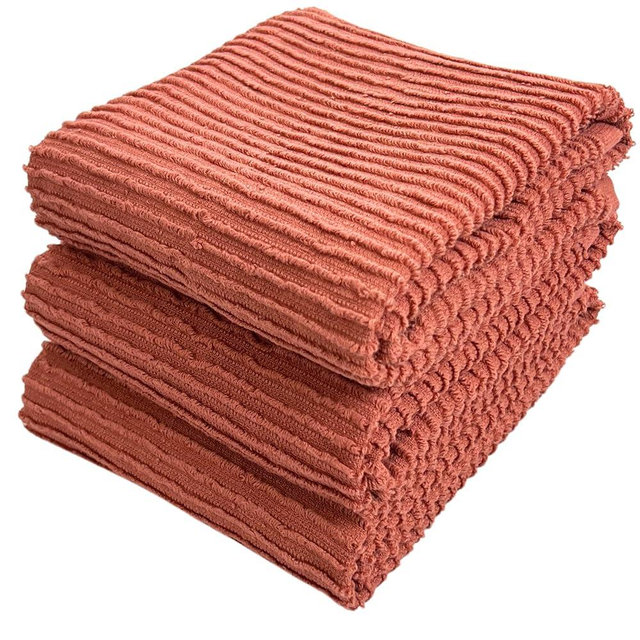 Peach Coral Salmon Kitchen Hand Dish Towels: Oversized 28" x 18",100% Cotton Cloth Soft Cleaning Drying Absorbent Ribbed Design, Set of 3 Multipurpose for Everyday Use (Peach)
