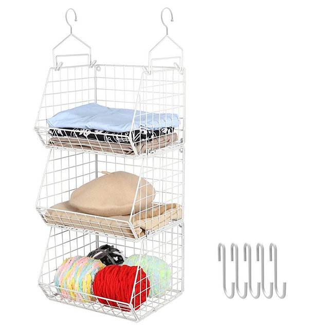 X-cosrack 3 Tier Foldable Closet Organizer, Clothes Shelves with 5 S Hooks, Wall Mount&Cabinet Wire Storage Basket Bins, for Clothing Sweaters Shoes Handbags Clutches Accessories-White Patent Pending