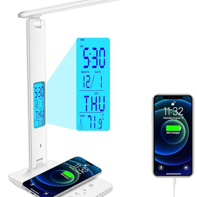snsok Desk Lamp with Wireless Charger, USB Charging Port, Dimmable Office Desk Light with Clock, Alarm, Date, Temperature, Foldable Lamp for Table Bedroom Bedside Office (White)