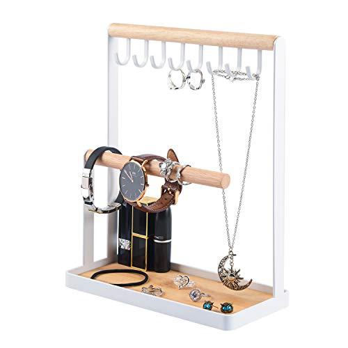 Portin Jewelry Organizer Display Stand Holder with Wooden Ring Tray and Hooks Storage Necklaces Bracelets, Rings, Watches Metal Desk Organizer Stand