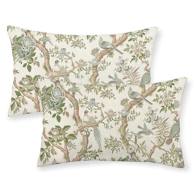 GOLIANDA Green Floral Bird Pillow Covers 12x20 Set of 2 Chinoiserie Throw Pillows Green Vintage Flowers Bird Decorative Pillow Cases Outdoor Chinoiserie Decor Farmhouse Cushion Case for Couch Sofa