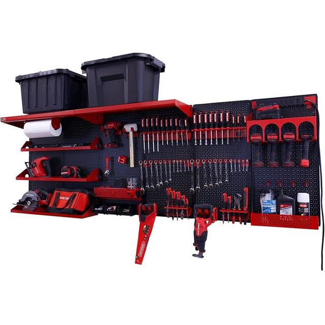 OmniWall Weekend Warrior Ultimate Tool Kit-96" x 32" Metal Pegboard Wall Storage System Black/Red