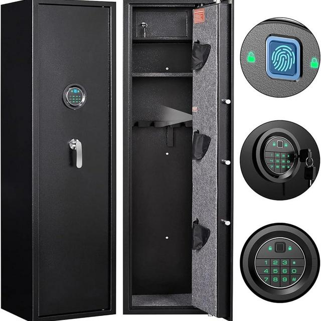 Marcree Biometric Fingerprint Rifle Gun Safe, Quick Access 5-Gun Cabinet Fingerprint Long Gun Safe, Gun Safes for Rifles and Shotguns with Mute Function, 3 Pistol Bags, Pistol Lock Box