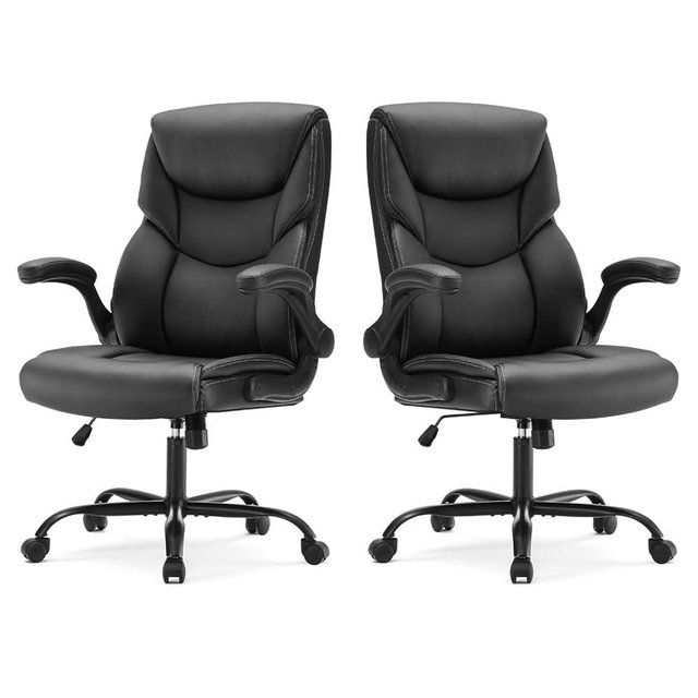 Sweetcrispy Ergonomic Computer Gaming Office Chair Set of 2, Heavy Duty Task Desk Swivel Rolling Chairs with Wheels, Flip-up Arms, Adjustable Height, PU Leather,Inky