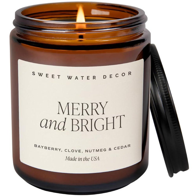 Sweet Water Decor Merry and Bright Candle - Bayberry, Fir, Nutmeg, and Clove Winter Non Toxic Christmas Scented Soy Candles for Home - 9oz Amber Jar, 40 Hour Burn Time, Made in The USA