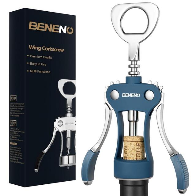 Beneno Wine Opener, Zinc Alloy Premium Wing Corkscrew with Multifunctional Bottles Opener, Sharp Wine Corkscrew with Ergonomic Non-Slip Wing Handle, Blue
