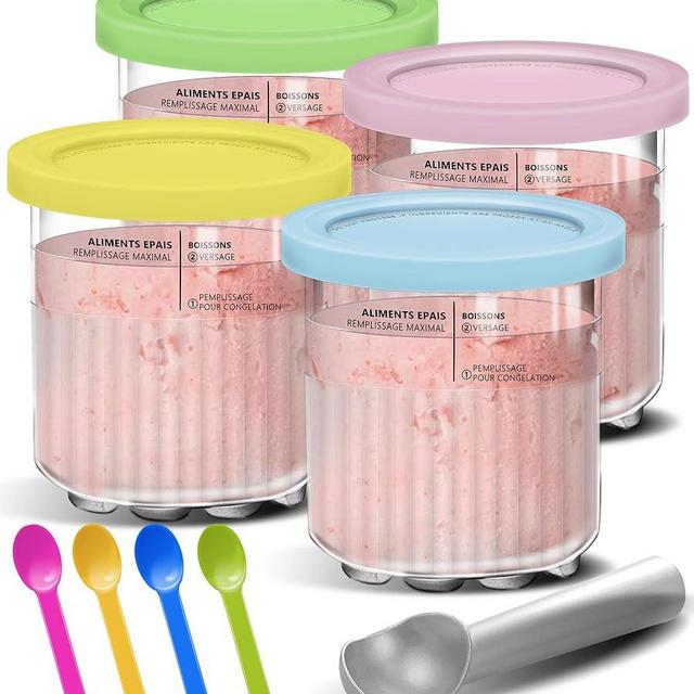 Creami Pints and Lids for Ninja - 4 Pack 24 oz Deluxe 11-in-1 Creamy Icecream Containers Cups Jars Tubs Canisters Set, Smoothie Pot Compatible with NC501 NC500 Series Creamer Ice Cream Maker Machine