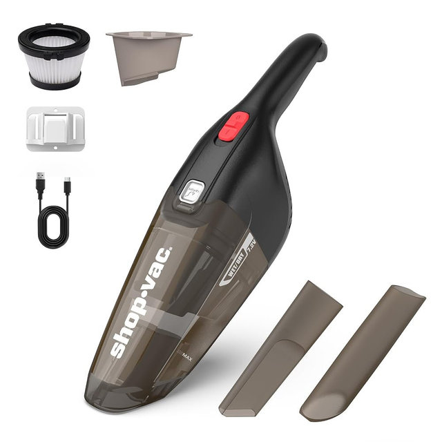 Shop-Vac Wet/Dry Handheld Vacuum Cordless, Powerful Portable Car Vacuum Rechargeable, Wall-Mounted Hand Vac with Crevice Tool, Lightweight Hand Vacuum for Home & Car, Washable Filter, Black