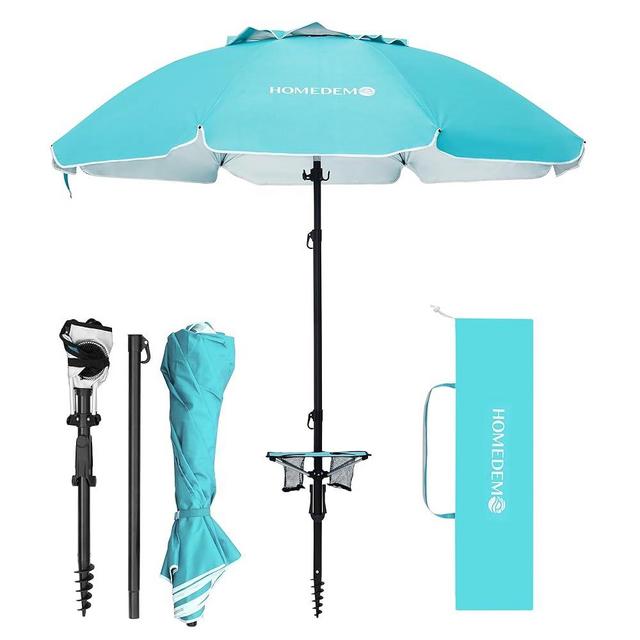 HOMEDEMO 7ft Beach Umbrellas For Sand Heavy Duty Wind, Portable Beach Umbrella UPF 50+ Windproof Outdoor Beach Umbrella with Sand Anchor, Tilt Pole, Carry Bag, Table Tray, Vent and Hook