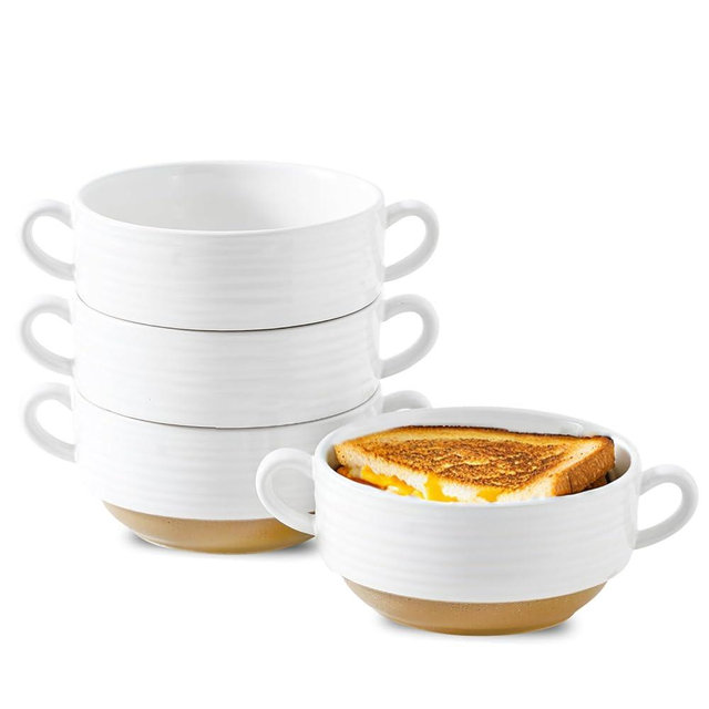 Hasense Soup Bowls with Handle, 24 Ounce Ceramic French Onion Soup Crocks, White Christams Serving Bowls for Stew, Chili, Soup, Kitchen Bowls Gift, Oven & Dishwasher Safe, Set of 4