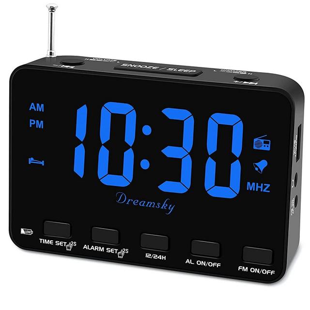 DreamSky Alarm Clock Radio for Bedroom - Small Digital Clock with USB Port, Outlet Powered with Battery Backup, 0-100% Dimmable Display, Transistor FM Radio with Earphone Jack, Snooze, 12/24H