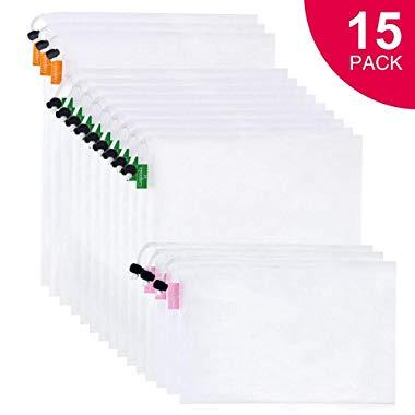 15 Pcs Premium Reusable Mesh Produce Bags, Gogooda 3 Size Lightweight Washable and See Through Mesh Shopping Merchandise Bags with Drawstring, Toggle Tare Weight Color Tag (3 Large 9 Medium &3 Small)