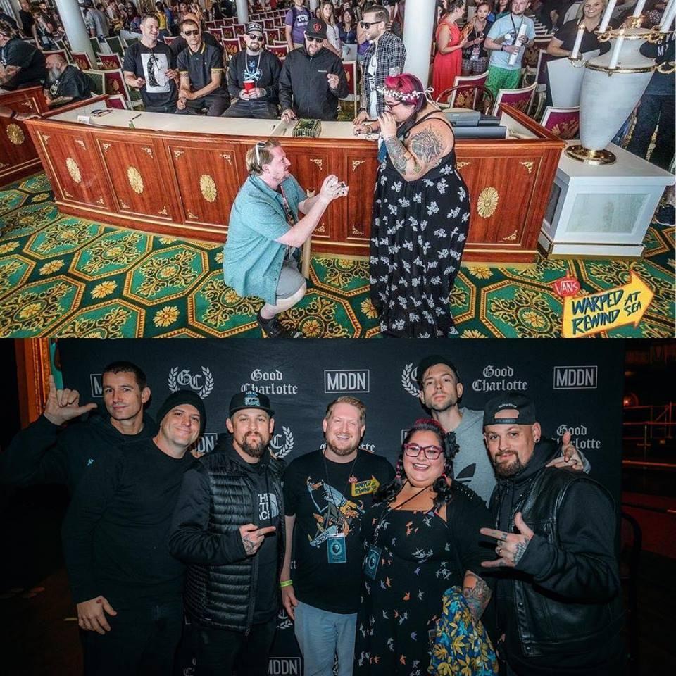 David proposed to Erica on Halloween in front of her favorite band, Good Charlotte, on the Warped Tour Rewind At Sea Cruise. They reunited with the band exactly one year later for this shot!
