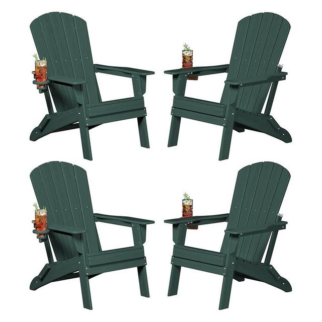 Plawdlik Folding Adirondack Chair, SGS Tested, Wooden Textured with Cup Holder, Heavy All-Weather HDPE Comfortable Set Poolside Backyard Lawn Green Set 4