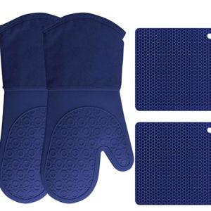 BPA-Free Soft Silicone 4 Piece Oven Mitts & Trivets Set - Royal Blue
