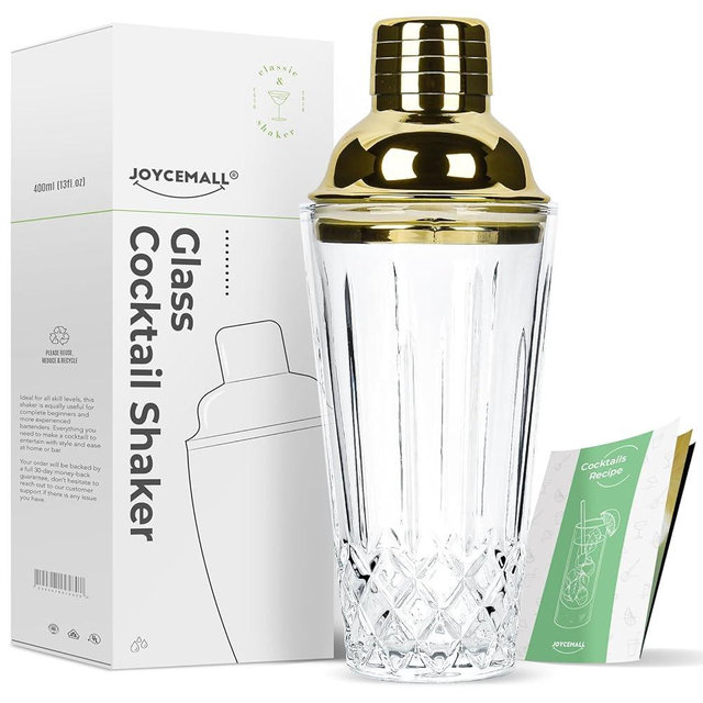 Glass Cocktail Shaker, JOYCEMALL 14.5 Ounce Cut Crystal Shaker with Stainless Sealing Steel Cap & Strainer, for Home Use & Bar Whisky - Gold