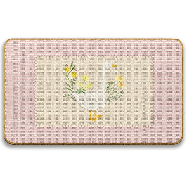 METNBASYY Vintage Pink Floral Goose Doormat, Cottagecore Goose Door Mat for Inside Outside Entrance Porch, Pink Striped Geese Welcome Mats for Girls Room Bedroom Nursery, 17x30 Inches