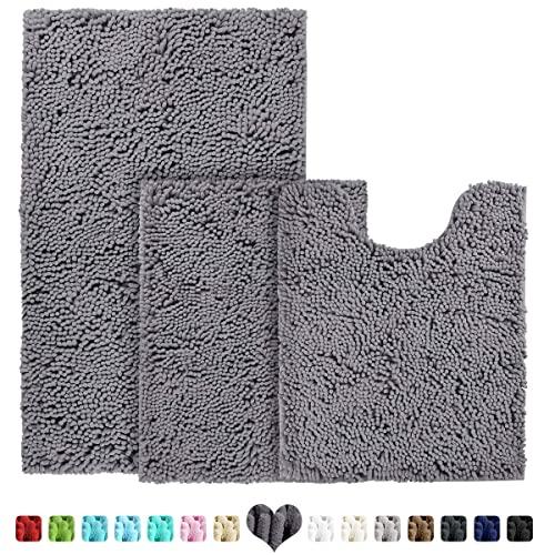 BYSURE Dark Gray/Grey Bathroom Rug Set 3 Piece Non Slip Extra Absorbent Shaggy Chenille Bathroom Mats and Rugs Sets, Soft & Dry Bath Rug/Mat Sets for Bathroom Washable Carpets Set