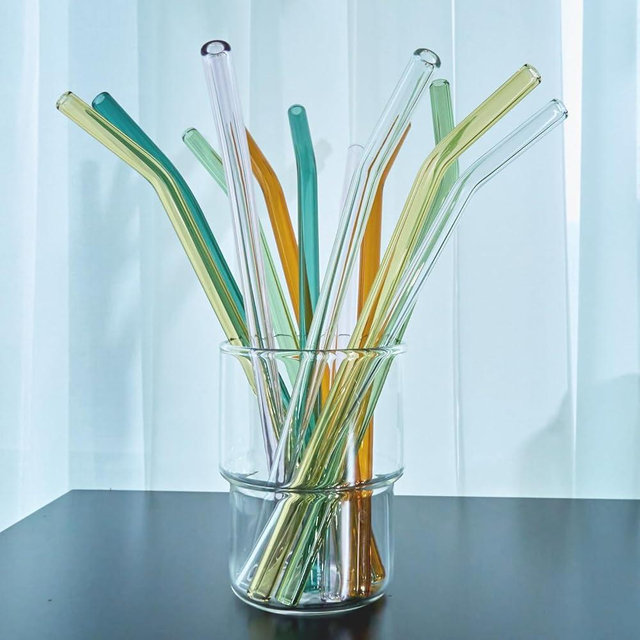 YUTRENN 12 Pcs Bent Glass Straws Reusable Glass Straw Colorful Sets of 12 Straws & 2 Cleaning Brushes, 8 Inch x 0.3" Thick Drinking Straw for Tumblers Gift Wrap Dishwasher Safe