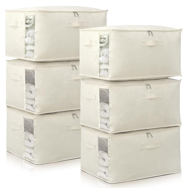 Canvas Comforters Bags Closet Organizers and Storage for Quilts Clothes Organization Containers Bins with Sturdy Zipper, Clear Window 75L for Sweaters Blankets Storage Bedroom Collapsible 6Pack