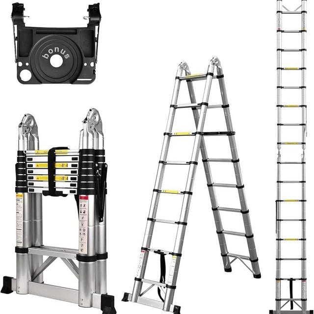 Soctone Telescoping Ladder, 16.5 FT A Frame Compact Aluminum Extension Ladder, Portable Telescopic RV Ladder for Outdoor Camper Trips Motorhome with Tool Platform and Stabilizer Bar, 330 lb