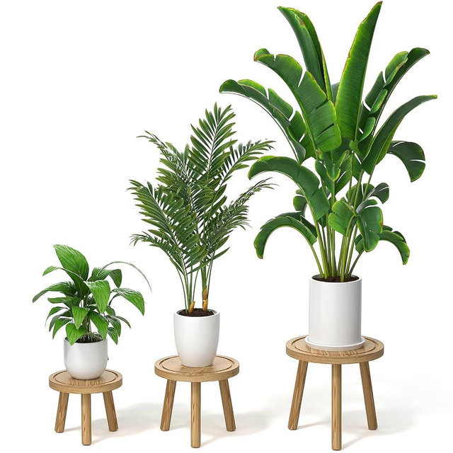 Vecxoty 3-Pack Wood Plant Stands Indoor, Single Plant Stand for 6-12 Inch Pots, Mid-Century Modern Plant Stool, Tall Plant Stand for Large Plants for Living Room, Balcony, Office (Light Brown