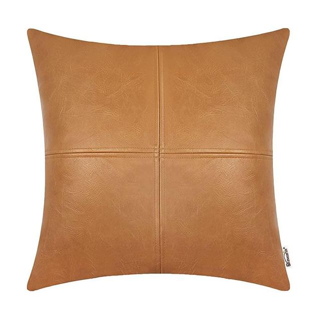 Brawarm Tan Leather Throw Pillow, Faux Leather Pillow Covers 18 X 18 Inches, Tan Leather Pillow Covers, Hand Stitched Faux Leather Decorative Throw Pillow Covers for Living Room Garden