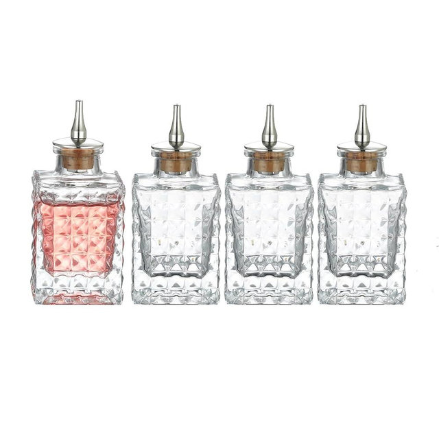 Cocktail Geek Glass Bitters Bottles with Dasher Top, Set of 4, Vintage Pattern 3oz/90ml (90ml Diamnd 4pcs)