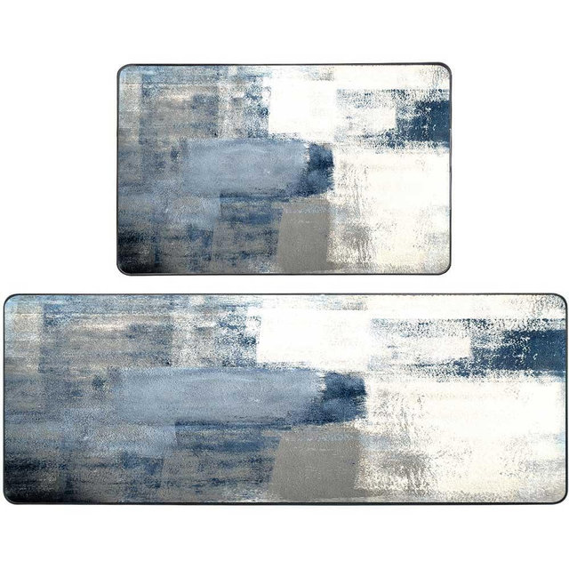 TOMWISH Grey and White Kitchen Rugs Non-Slip Standing Desk Mat Waterproof Kitchen Rug Set for Kitchen Floor Office Dining Room Sink Laundry 17"X48"+17"X24"