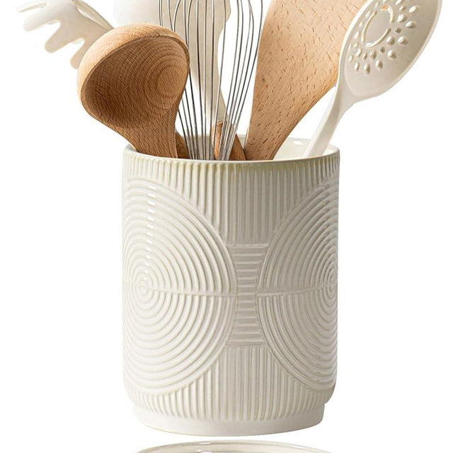 Swkien Utensil Holder, 7.2" Ceramic Kitchen Utensil Holder with Spoon Rest, Cooking Utensil Organizer for Spatula & Spoon, Housewarming Gift (Beige)
