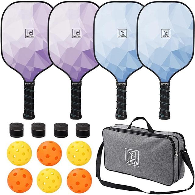 Graphite Pickleball Paddles Set of 4, 2022 USAPA Approved, Carbon Fiber Surface (CHS), Polypropylene Lightweight Honeycomb Core, 3 Indoor 3 Outdoor Pickleball, 4 Replacement Soft Grip + Bag
