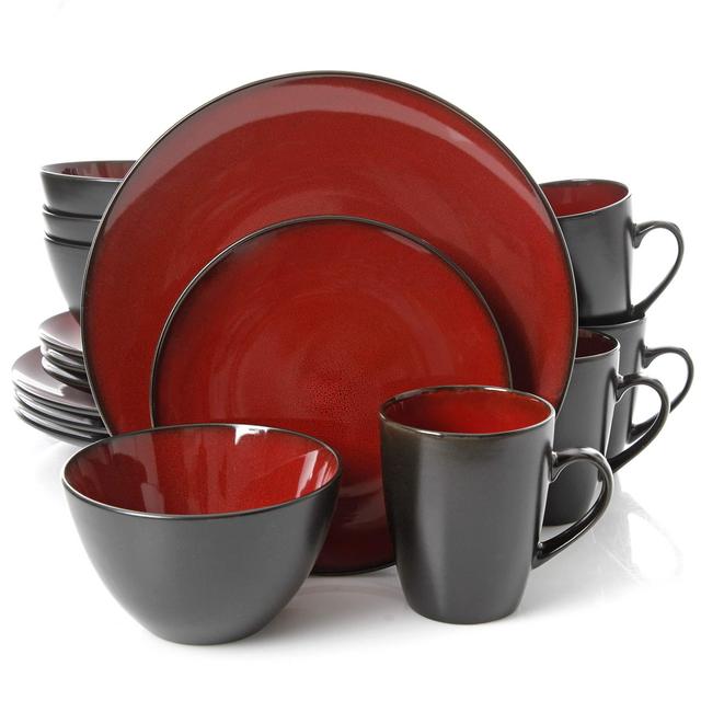 Gibson Overseas, Inc. Gibson Elite 109537.16R Soho Lounge Round 16-Piece Reactive Glaze Dinnerware Set Service of 4, Stoneware, Burgundy/Black
