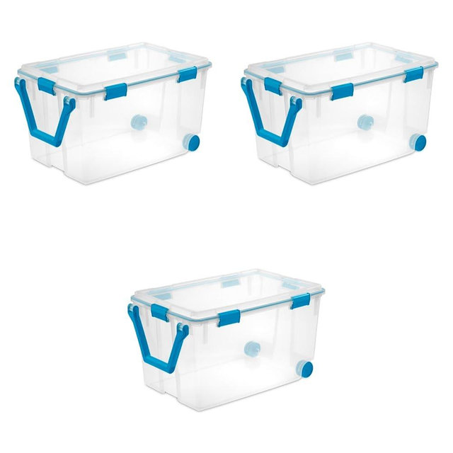 Sterilite 120 Qt Wheeled Gasket Box, Stackable Storage Bin with Latching Lid, Handle and Tight Seal, Plastic Container with Clear Base and Lid, 3-Pack