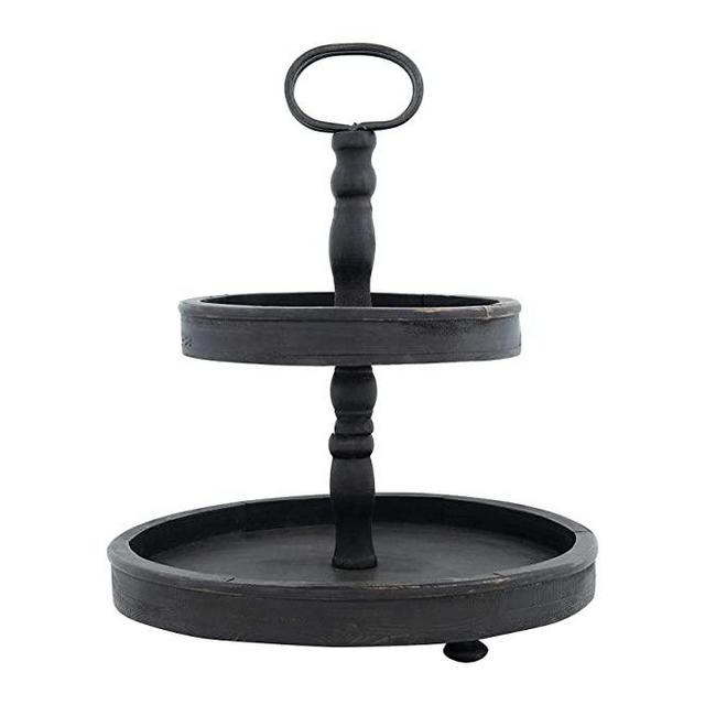 Creative Co-op Distressed Wood 2-Tier Tray with Metal Handle, Black