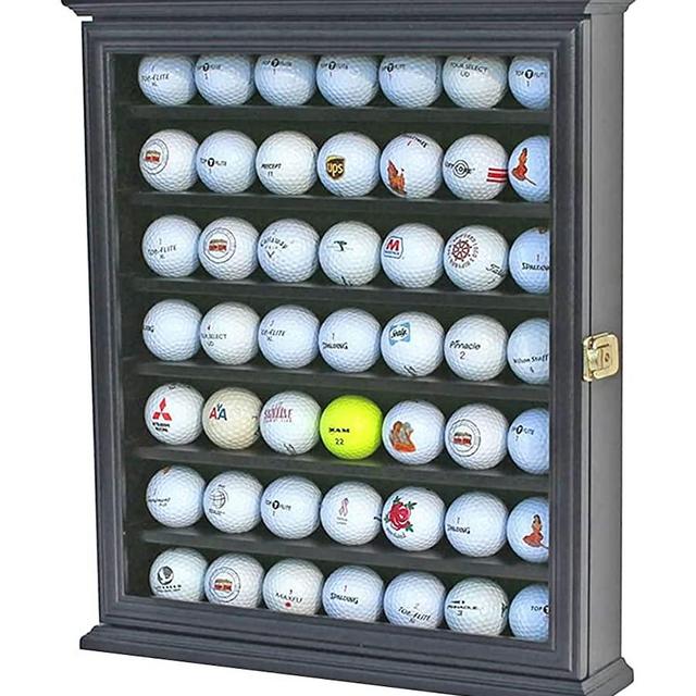DisplayGifts 49 Golf Ball Display Case Cabinet Wall Rack Holder Solid Wood Frame with 98% UV Protection Lockable Real Glass Door, Great Golfer's Gift