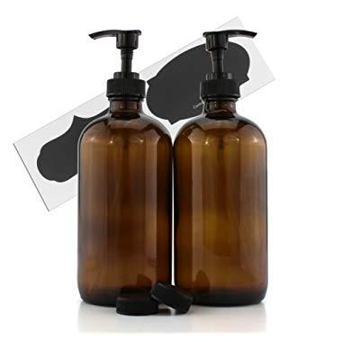 Cornucopia Brands 16-Ounce Amber Glass Bottles w/Pump Dispensers (2-Pack); Refillable Lotion Liquid Soap Pump Brown Bottles + Chalk Labels & Lids, BPA-Free Plastic Tops