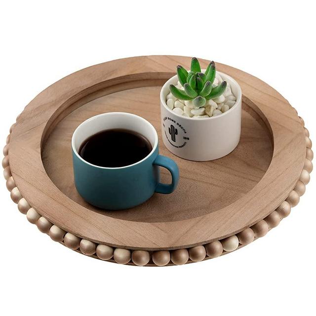 Beaded Wood Tray Round Wood Tray Home Decor Farmhouse Beaded Decorative Tray Vintage Brown Wooden Serving Tray for Table Centerpiece Coffee Kitchen Home Counter Decorations