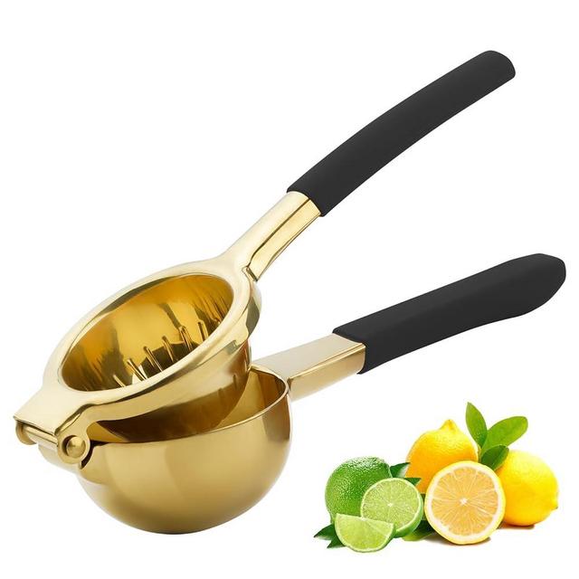 SHIKORI Gold & Black Heavy Duty Lemon Squeezer, 304 Stainless Steel Manual Citrus Press Juicer, 15% More Juice, Easy to Clean