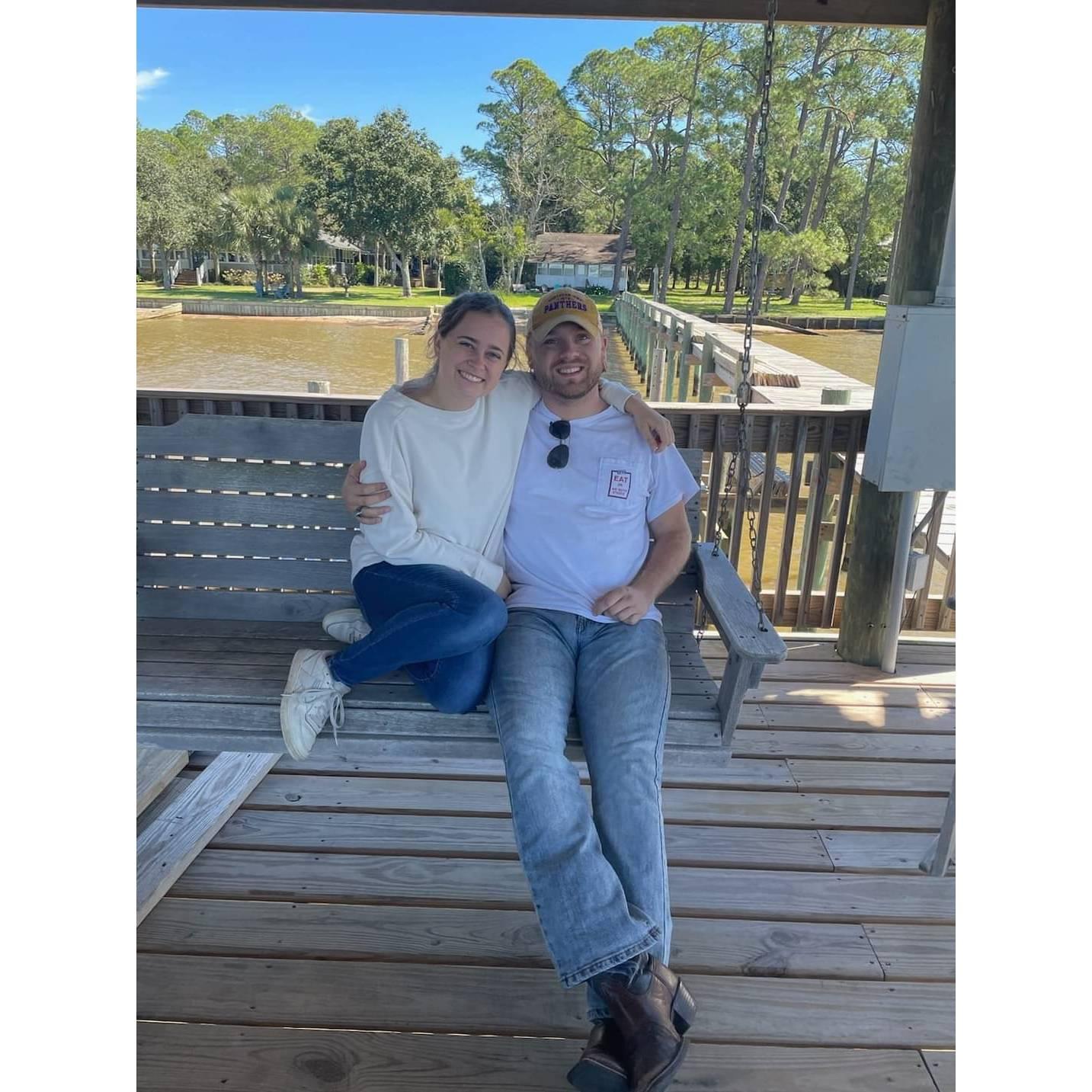 Swinging on the porch swing at Sarah's family's "Bay House" in Fair Hope, Alabama.