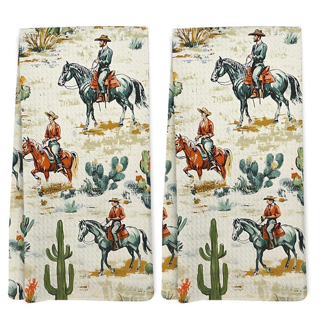 EGBTL Western Kitchen Towels, Wild West Cactus Desert Rustic Vintage Hand Towels for Bathroom Home Decor, Western Cowboy Country Wilderness Dishcloths Dish Towel for Kitchen, 16x24 Inches, Set of 2