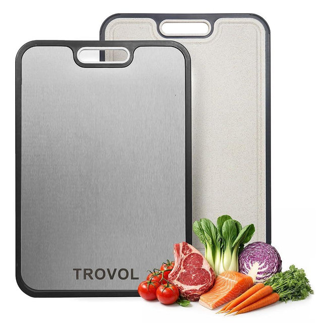 TROVOL Titanium Cutting Board for Kitchen, Non-Toxic Double-Sided 99.77% Titanium & BPA-Free Wheat Straw PP, Knife-Friendly Metal Chopping Board, Large Cutting Board with Juice Groove, Easy to Clean