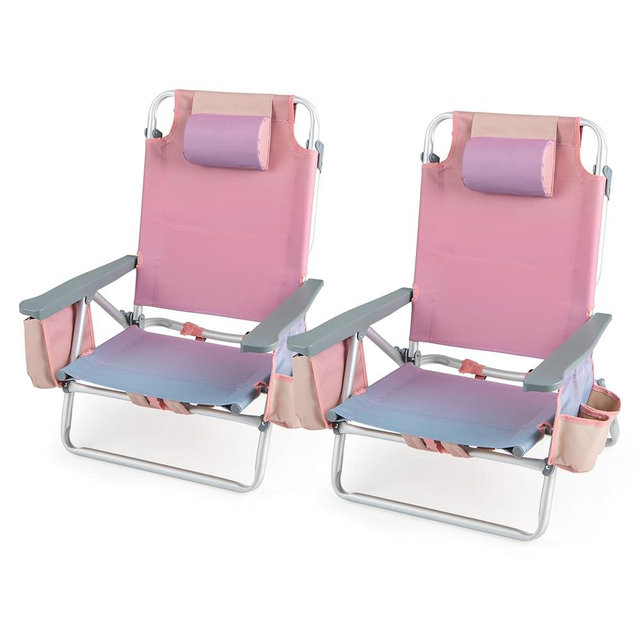 Tangkula Set of 2 Backpack Beach Chair, 5-Position Lay Flat Beach Chairs with Cooler Bag, 2 Cup Holders, Towel Bar, Lightweight Folding Beach Chair with Backpack Straps