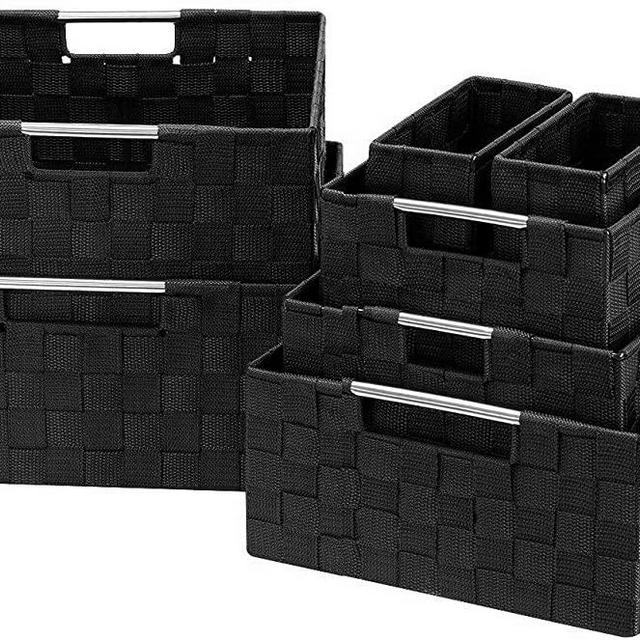 Sorbus Storage Box Woven Basket Bin Container Tote Cube Organizer Set Stackable Storage Basket Woven Strap Shelf Organizer Built-in Carry Handles (7 Piece - Black)