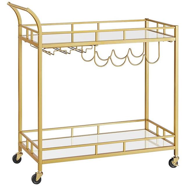 VASAGLE Bar Cart Gold, Home Bar Serving Cart, Wine Cart with 2 Mirrored Shelves, Wine Holders, Glass Holders, for Kitchen, Dining Room, Gold ULRC090A03